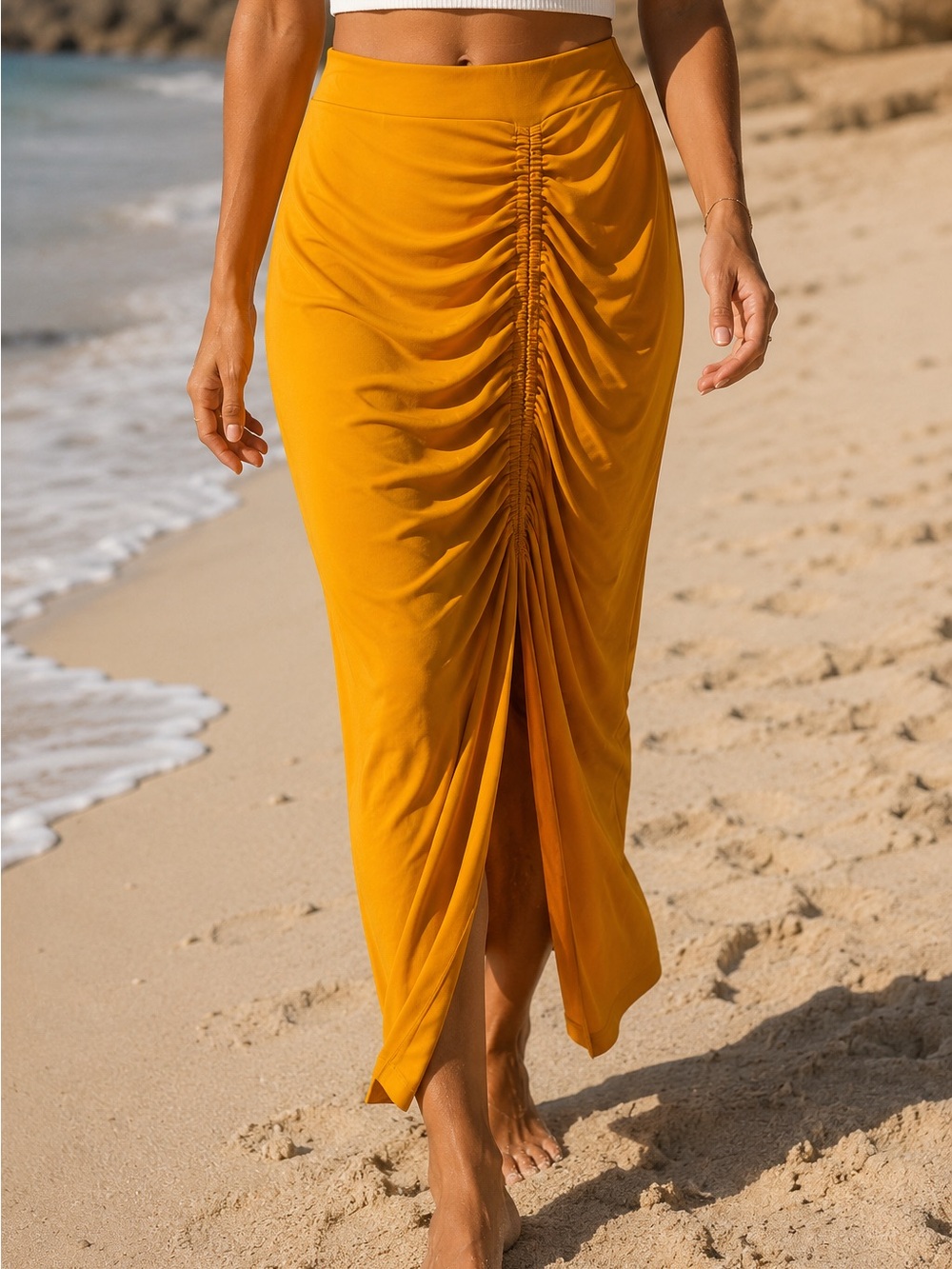 INC International Concepts Luxe Jersey Ruched Midi Skirt Roasted Squash XS NWT